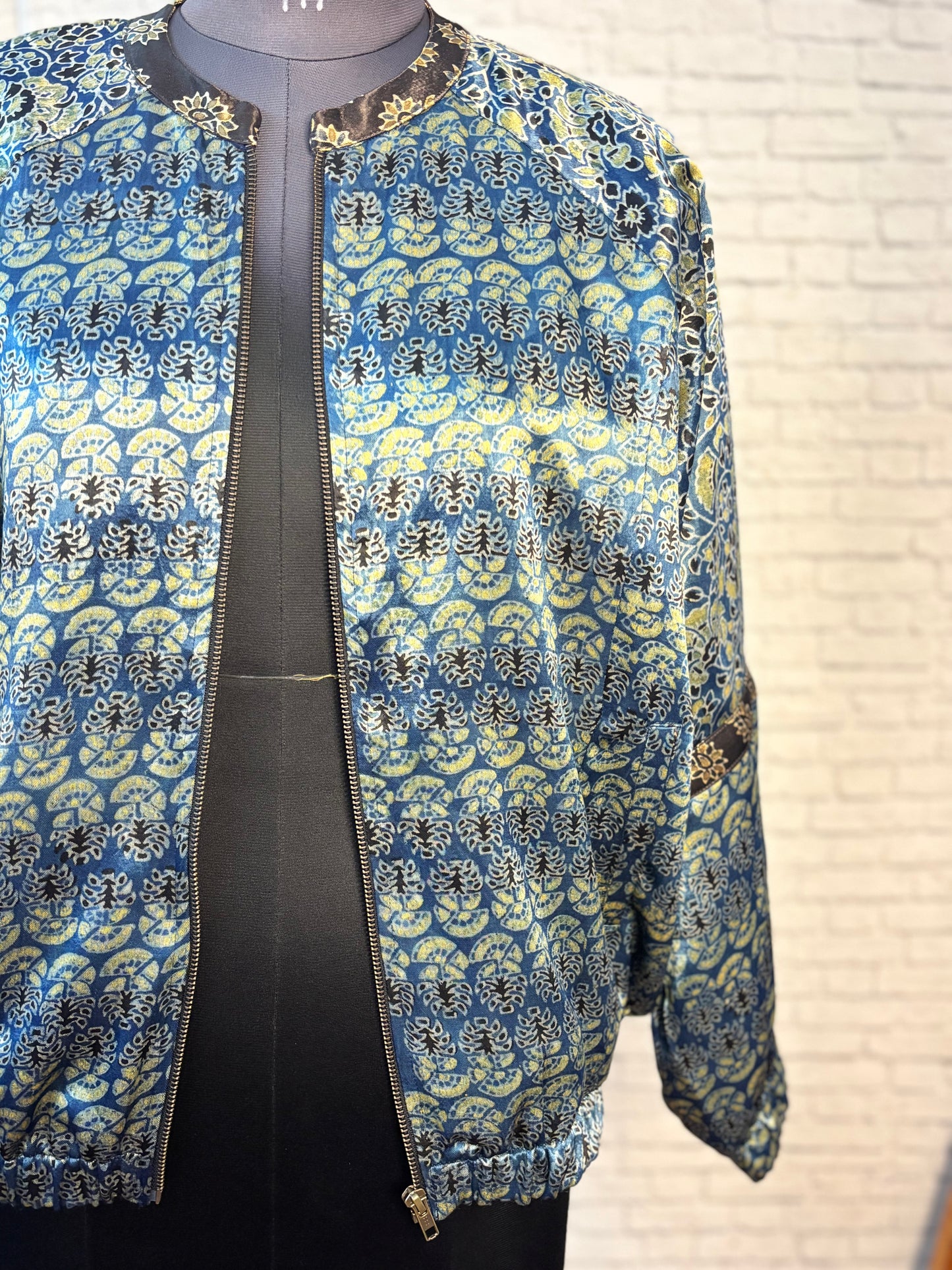 Indigo Green Mashru Silk Ajrakh Unisex Bomber Jacket