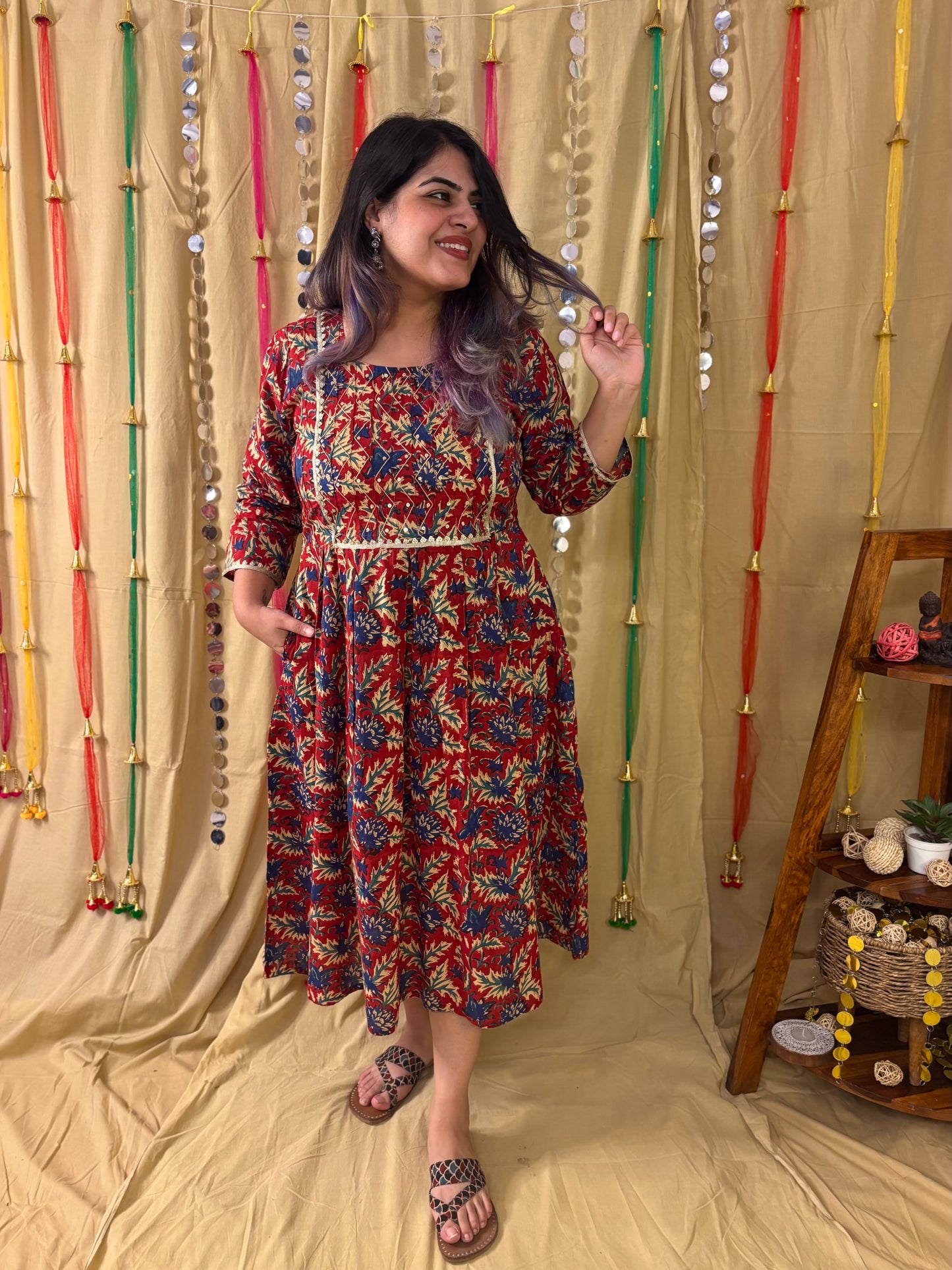 Zareen Hand Block Printed Midi Dress with Embroidered Neckline & Gota Detailing