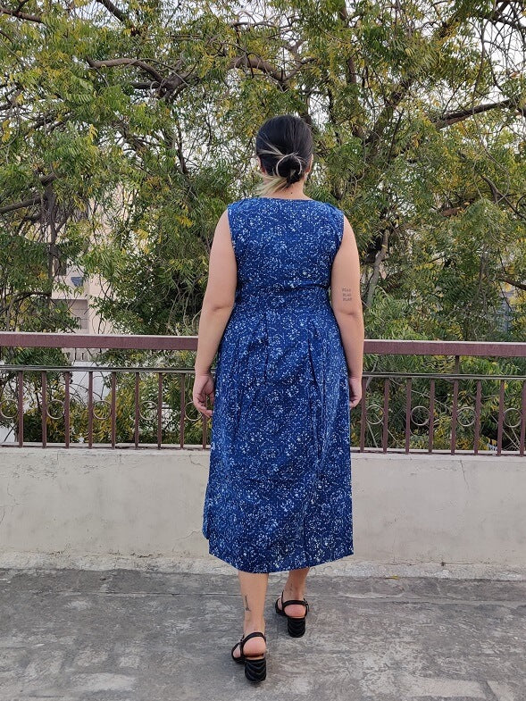 Blueberry Hand Block Printed Sleeveless Dress with Box Pleats