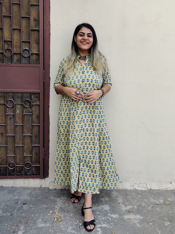 Yellow Grey Hand Block Printed A Line Maxi Shirt Dress