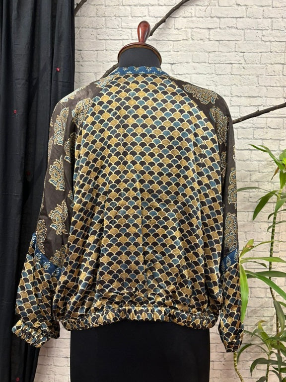 Black Olive Green Mashru Silk Ajrakh Unisex Bomber Jacket