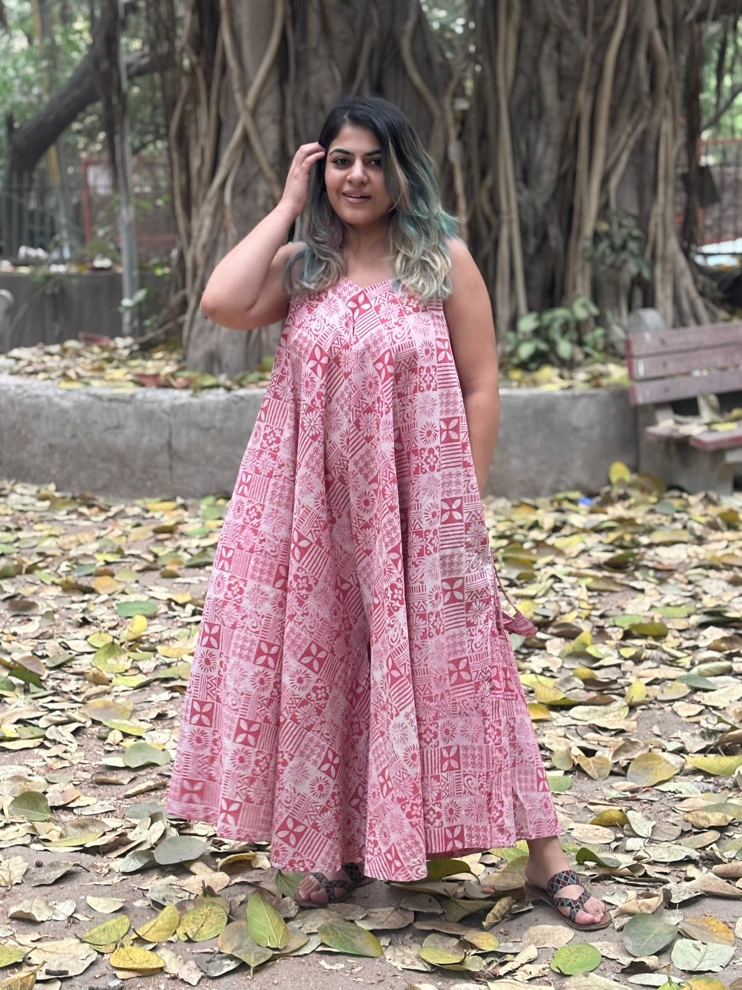 Pink Tiles Hand Block Printed Floral Flared Jumpsuit