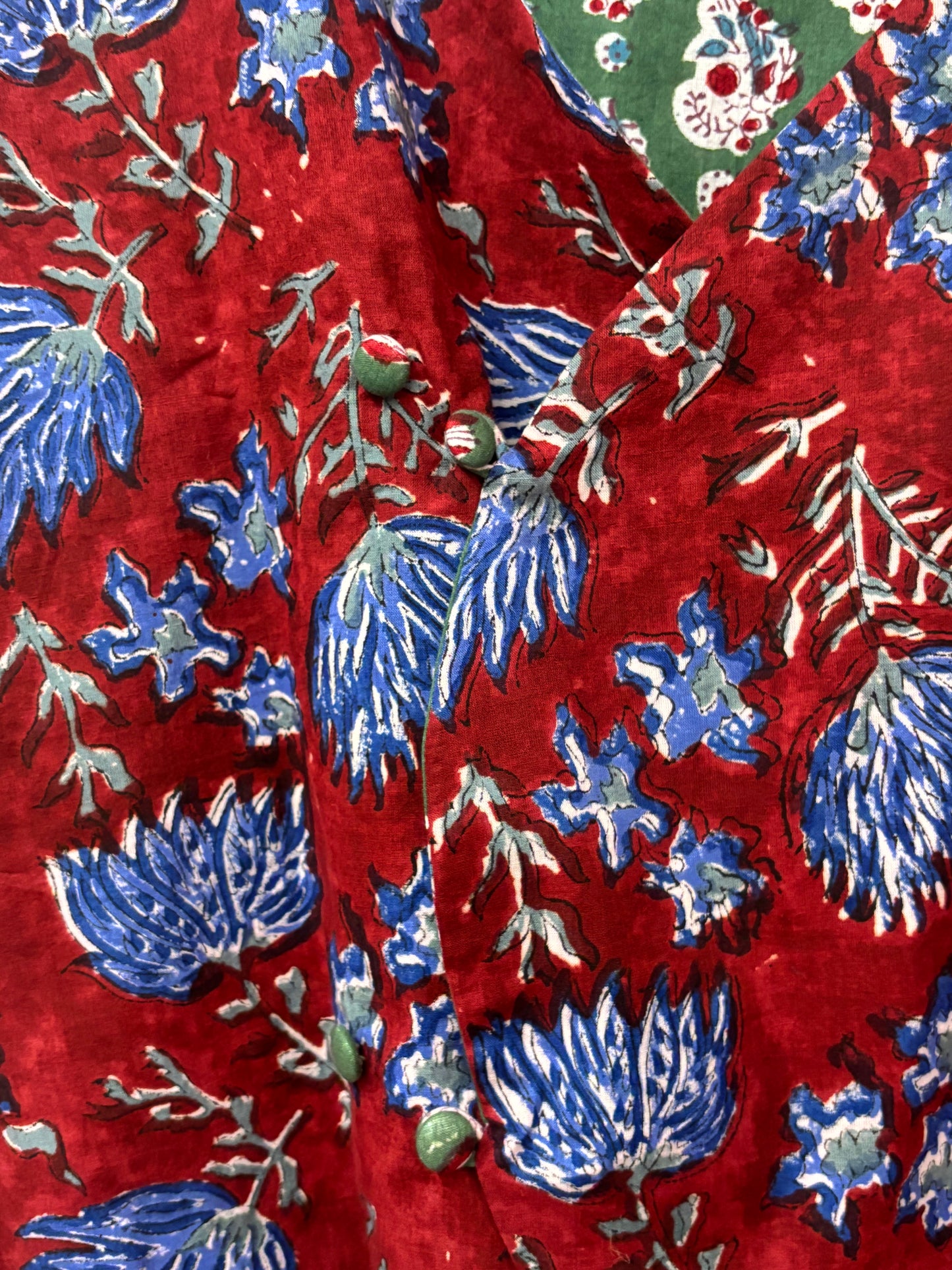 Red Green Hand Block Printed Reversible Waistcoat