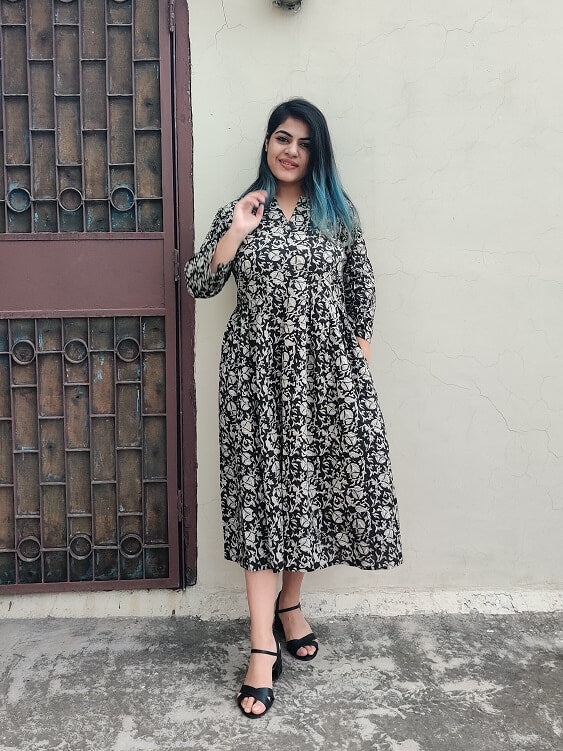 Black Kalamkari Hand Block Printed Midi Dress with Box Pleats
