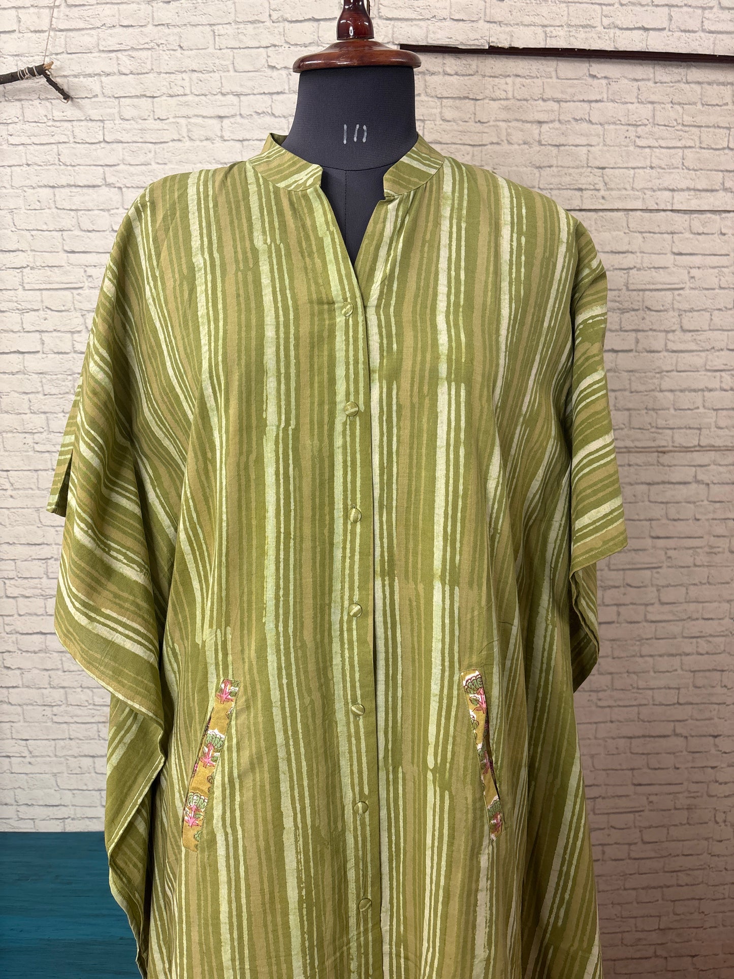 Green Dabu Stripes High Low Midi Cotton Shirt Kaftan