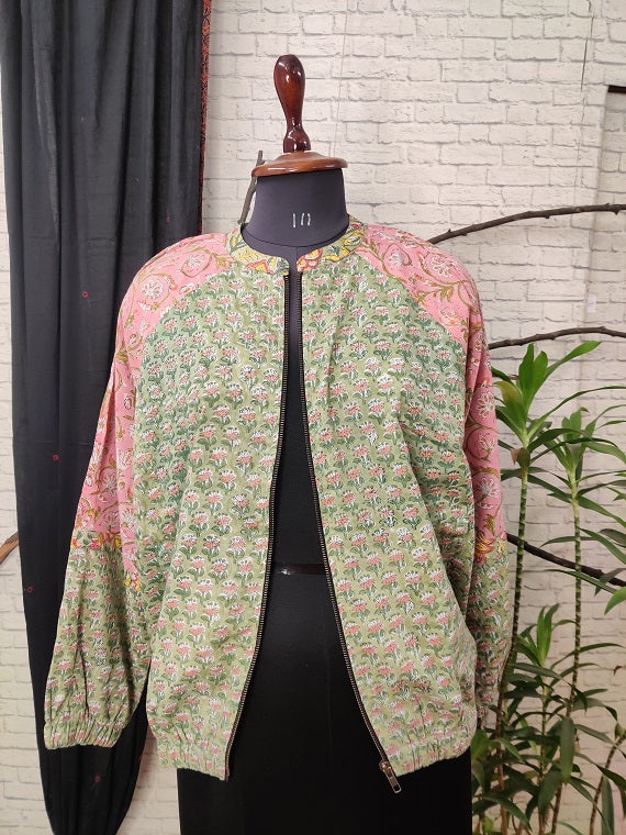 Green Pink Hand Block Printed Unisex Bomber Jacket