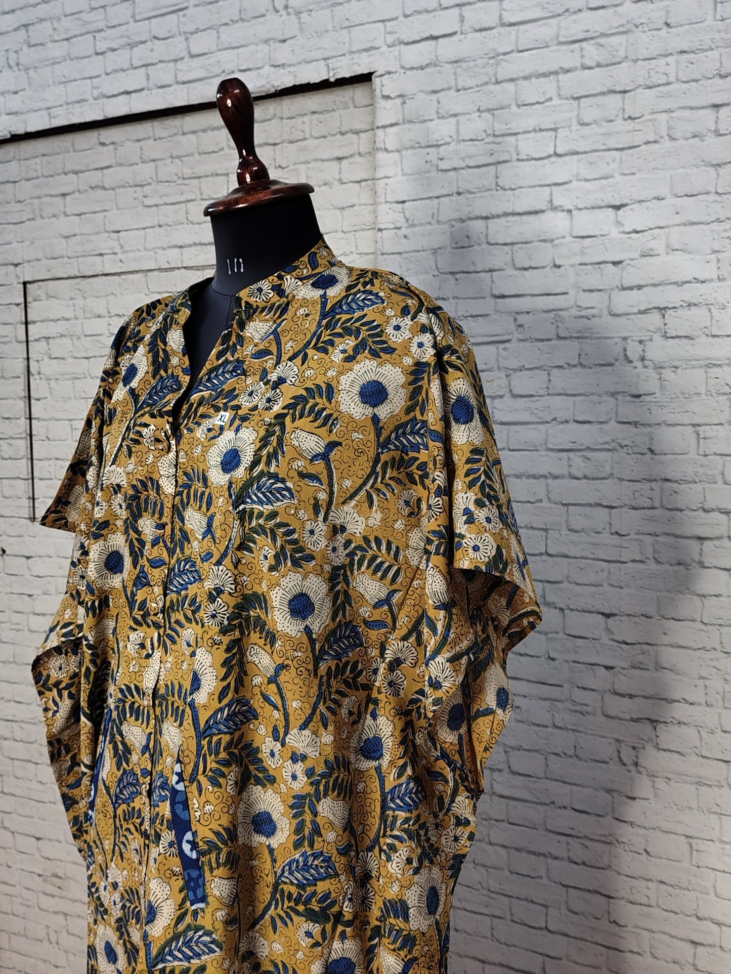 Yellow Bagru High Low Hand Block Printed Midi Cotton Shirt Kaftan