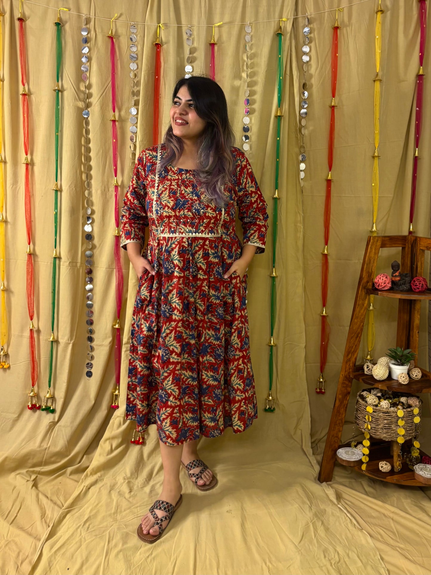 Zareen Hand Block Printed Midi Dress with Embroidered Neckline & Gota Detailing