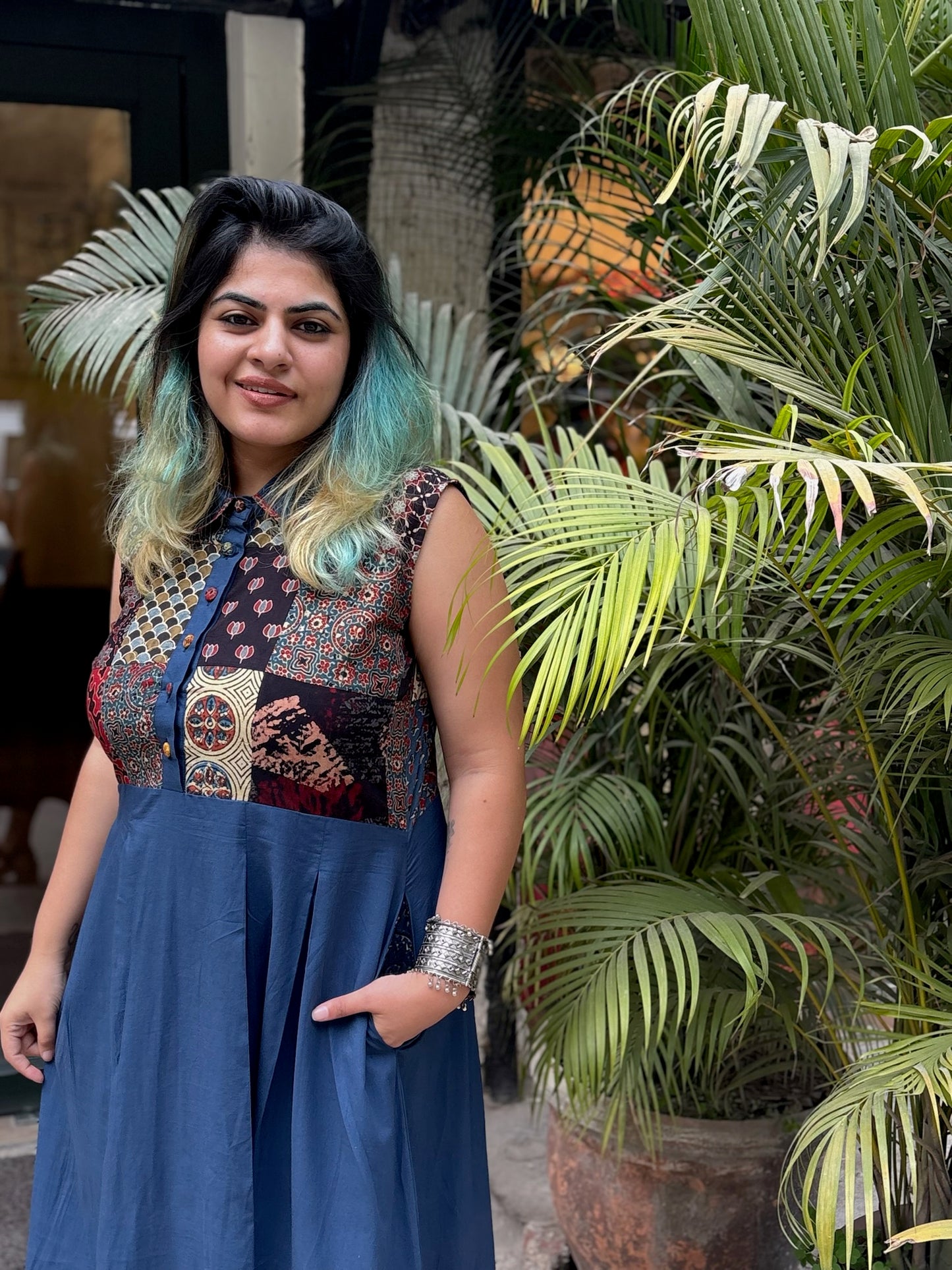Ajrakh Patchwork and Indigo Sleeveless Midi Dress