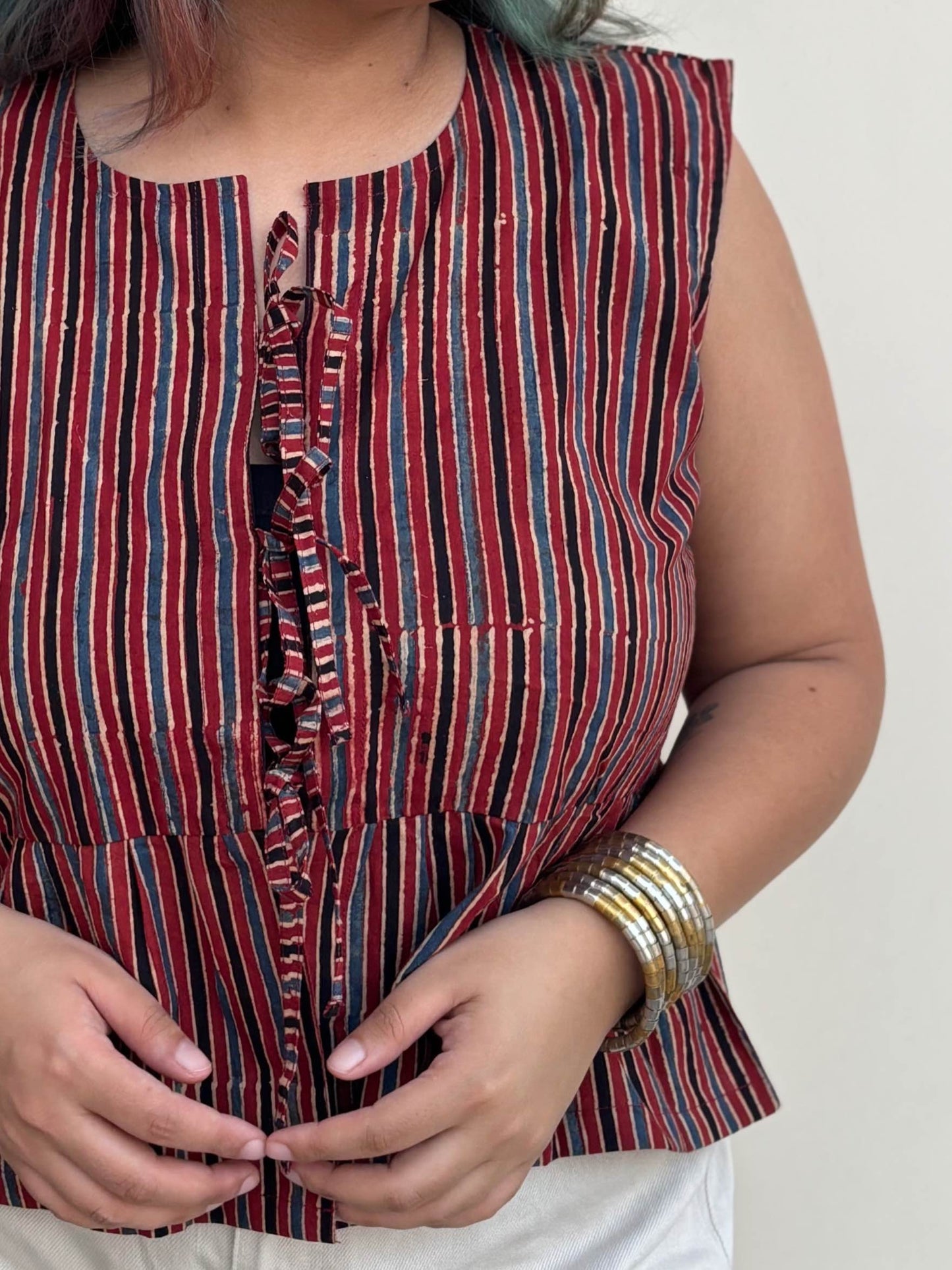 Red Stripes Ajrakh Hand Block Printed Front Tie Sleeveless Top