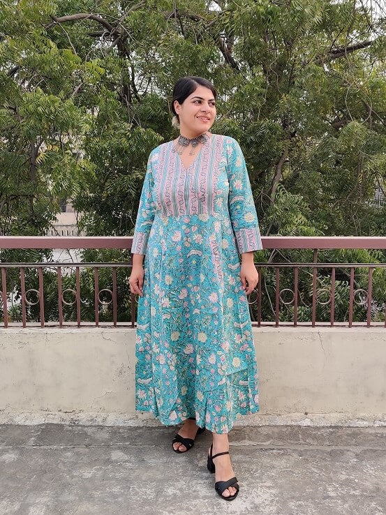 Baani Hand Block Printed A Line Maxi Patch Dress