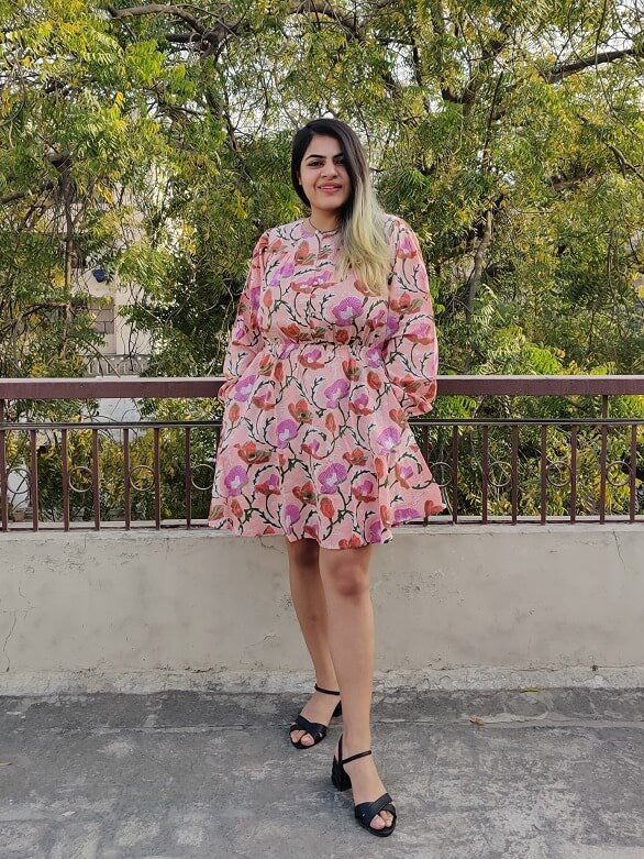 Gulaab Hand Block Printed Short Dress with Flared Hem