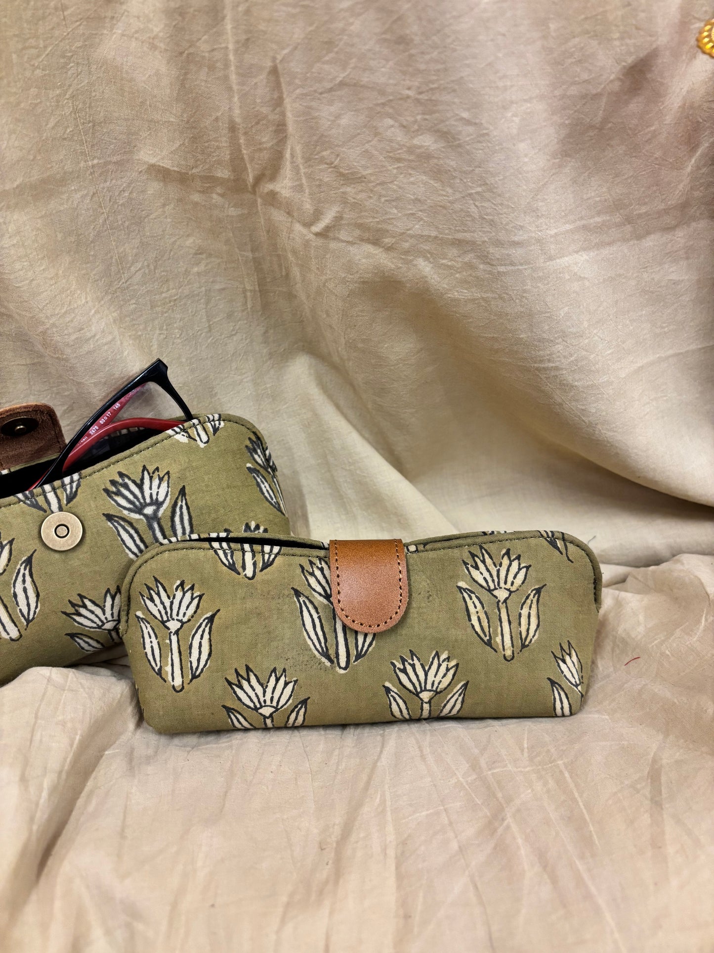 Olive Green Hand Block Printed Eyewear Case