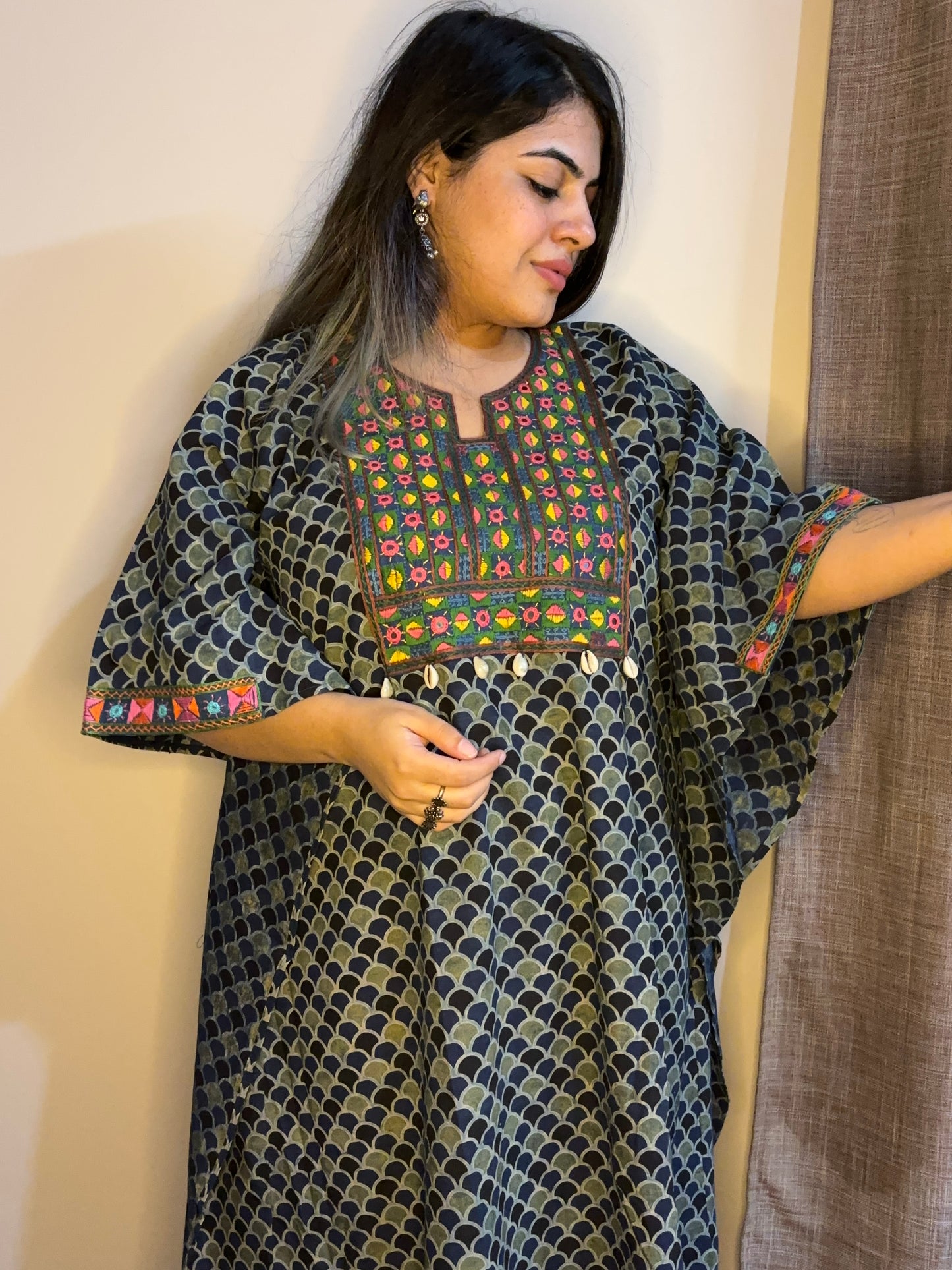 Indigo Green Ajrakh Hand Embroidered Patch Kaftan