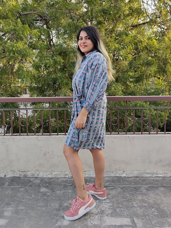 Teal Pink Hand Block Printed Comfort Fit Knee Length Shirt Dress with Side Belt
