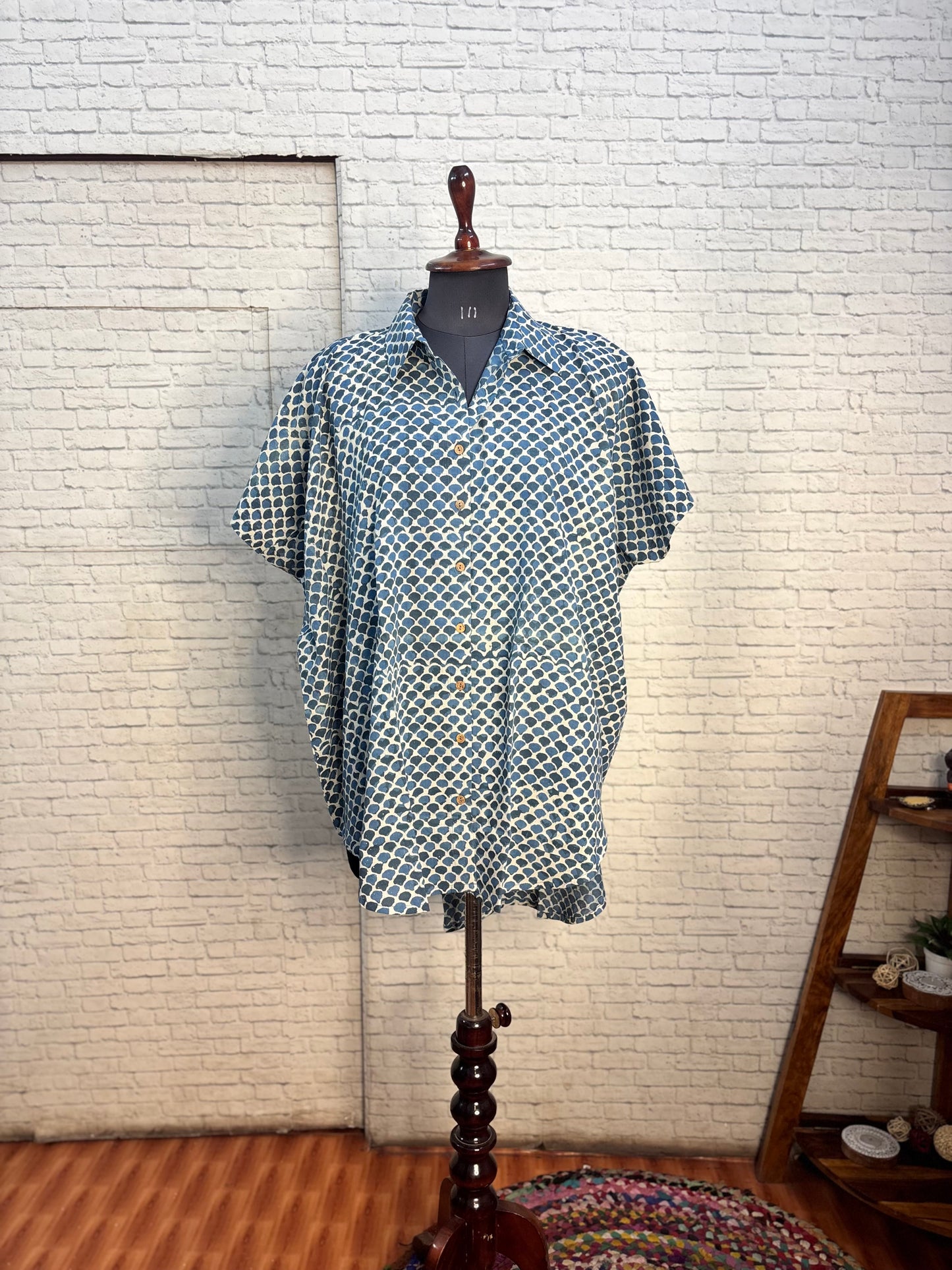 Indigo Fishscale Cotton High Low Shirt Kaftan