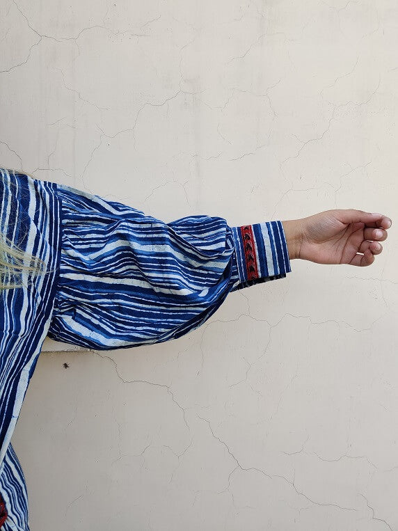 Indigo White Hand Block Printed Comfort Fit Knee Length Shirt Dress with Side Belt