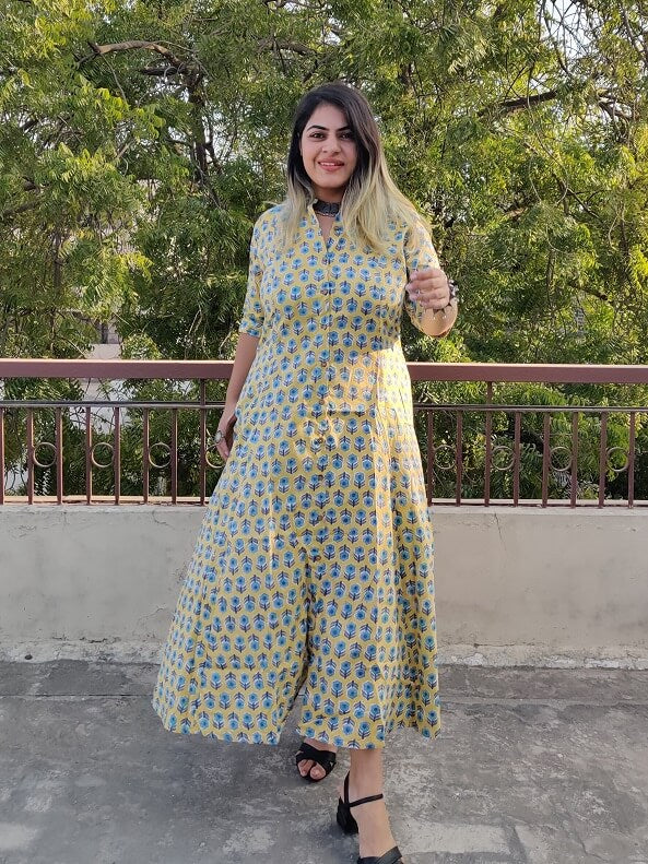 Yellow Grey Hand Block Printed A Line Maxi Shirt Dress