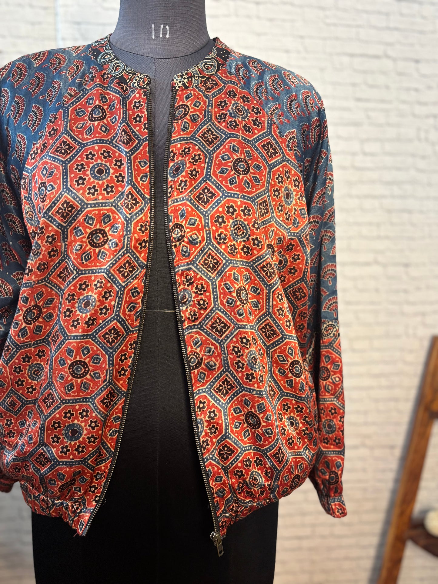 Red Indigo Mashru Silk Ajrakh Unisex Bomber Jacket