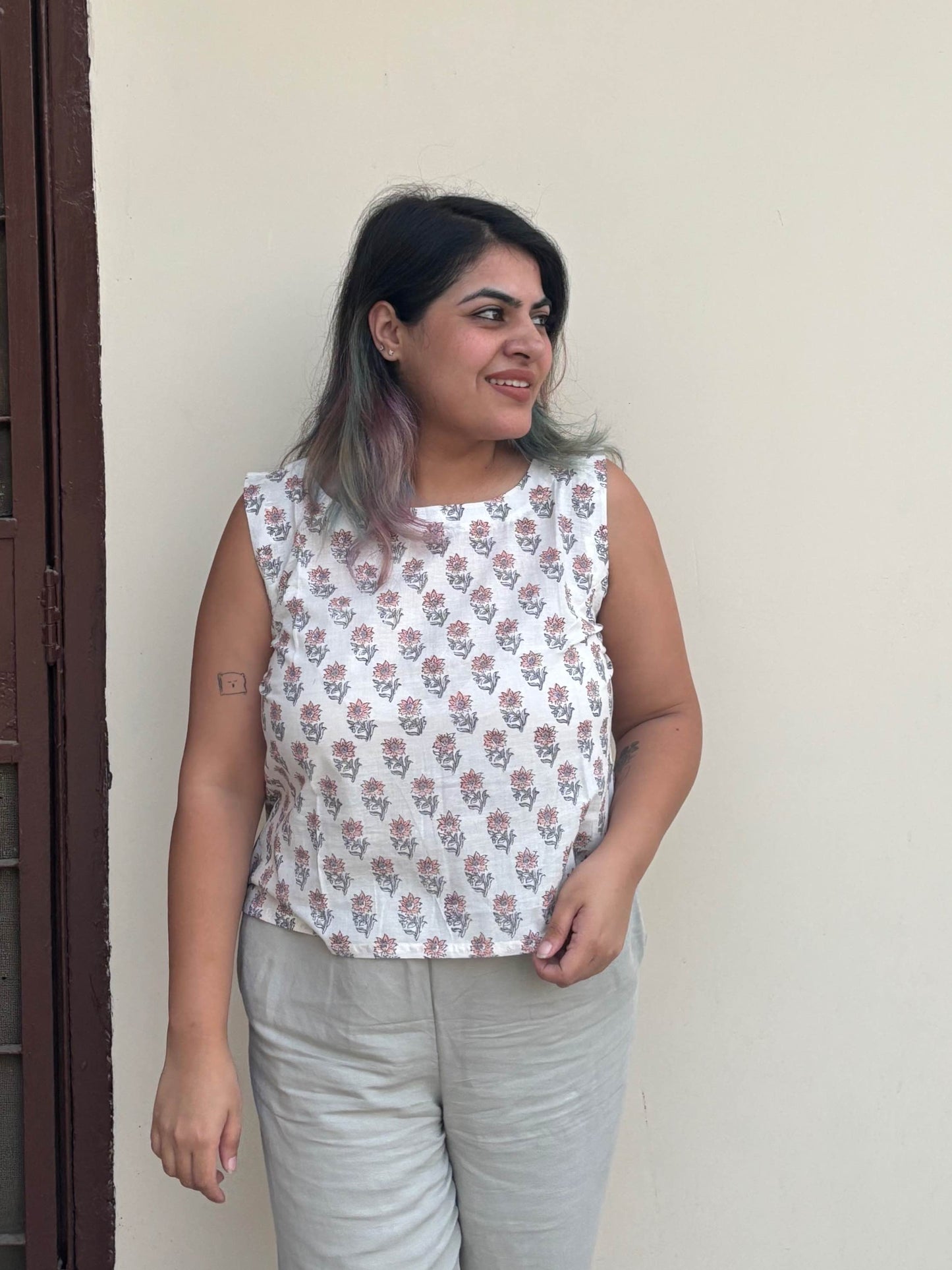 White Peach Flowers Hand Block Printed Sleeveless Crop Top