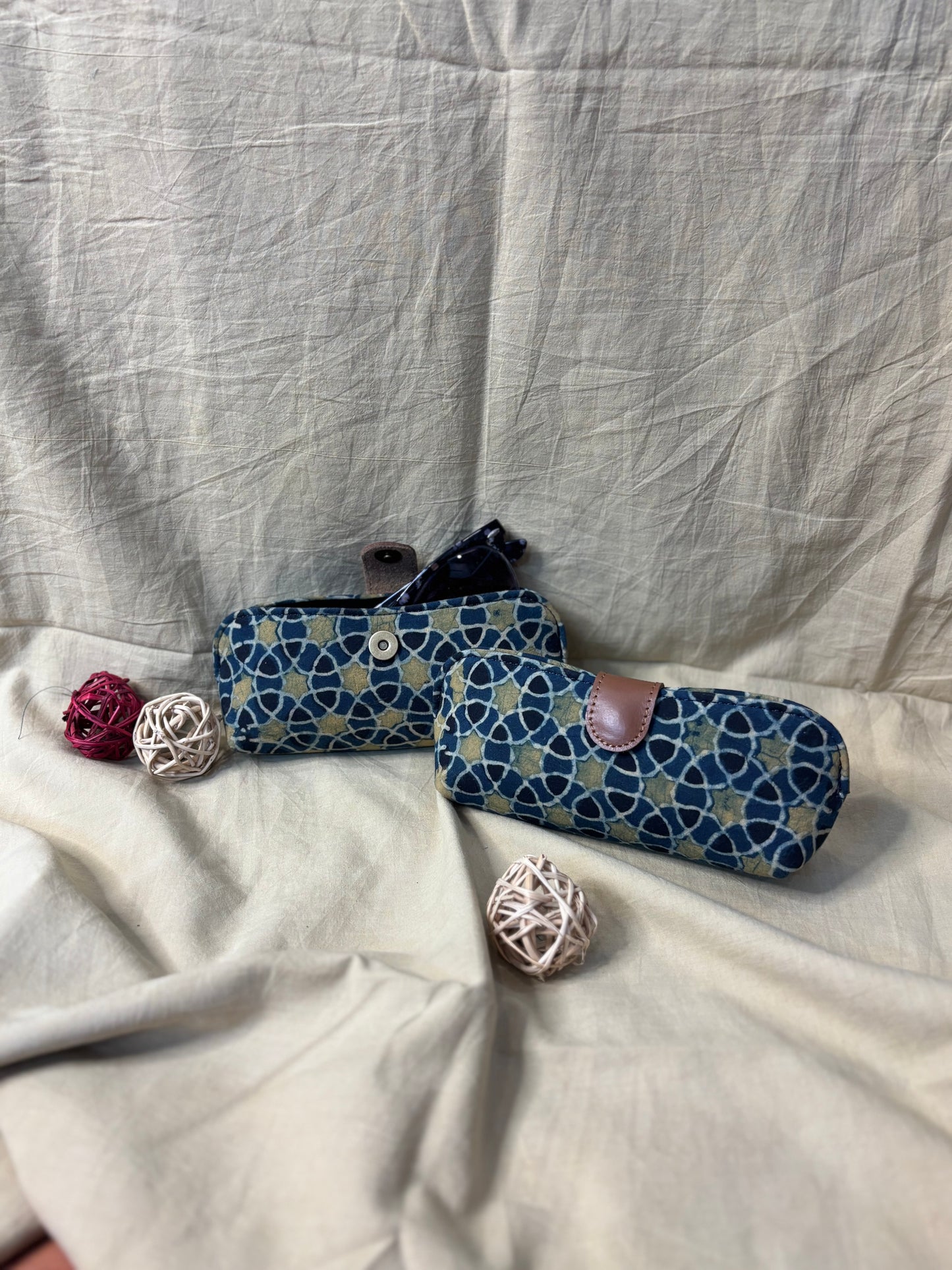 Indigo Green Circles Ajrakh Hand Block Print Eyewear Case