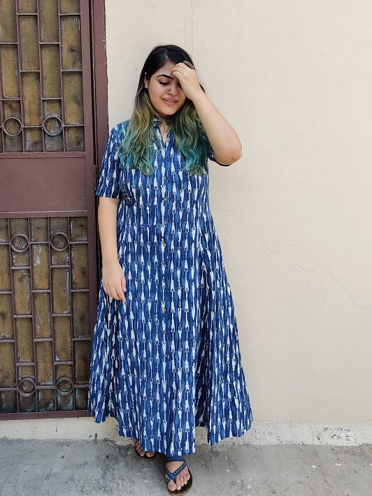 Azure Handblock Printed A Line Maxi Shirt Dress