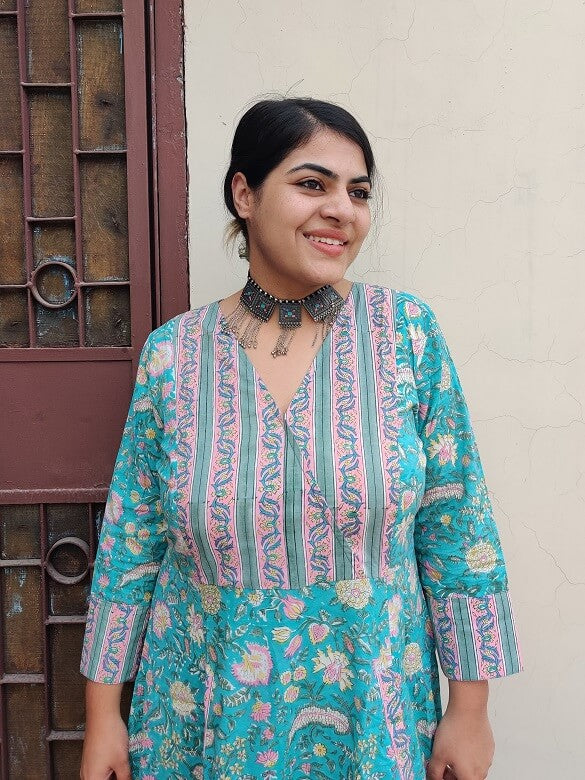 Baani Hand Block Printed A Line Maxi Patch Dress