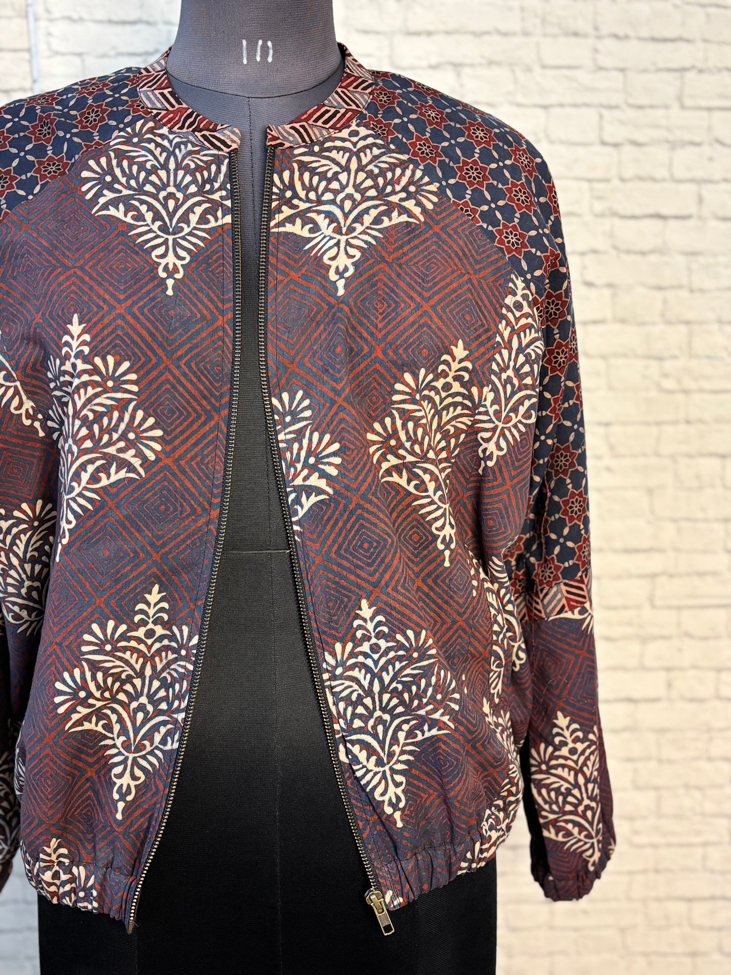 Indigo Maroon Hand Block Printed Unisex Bomber Jacket
