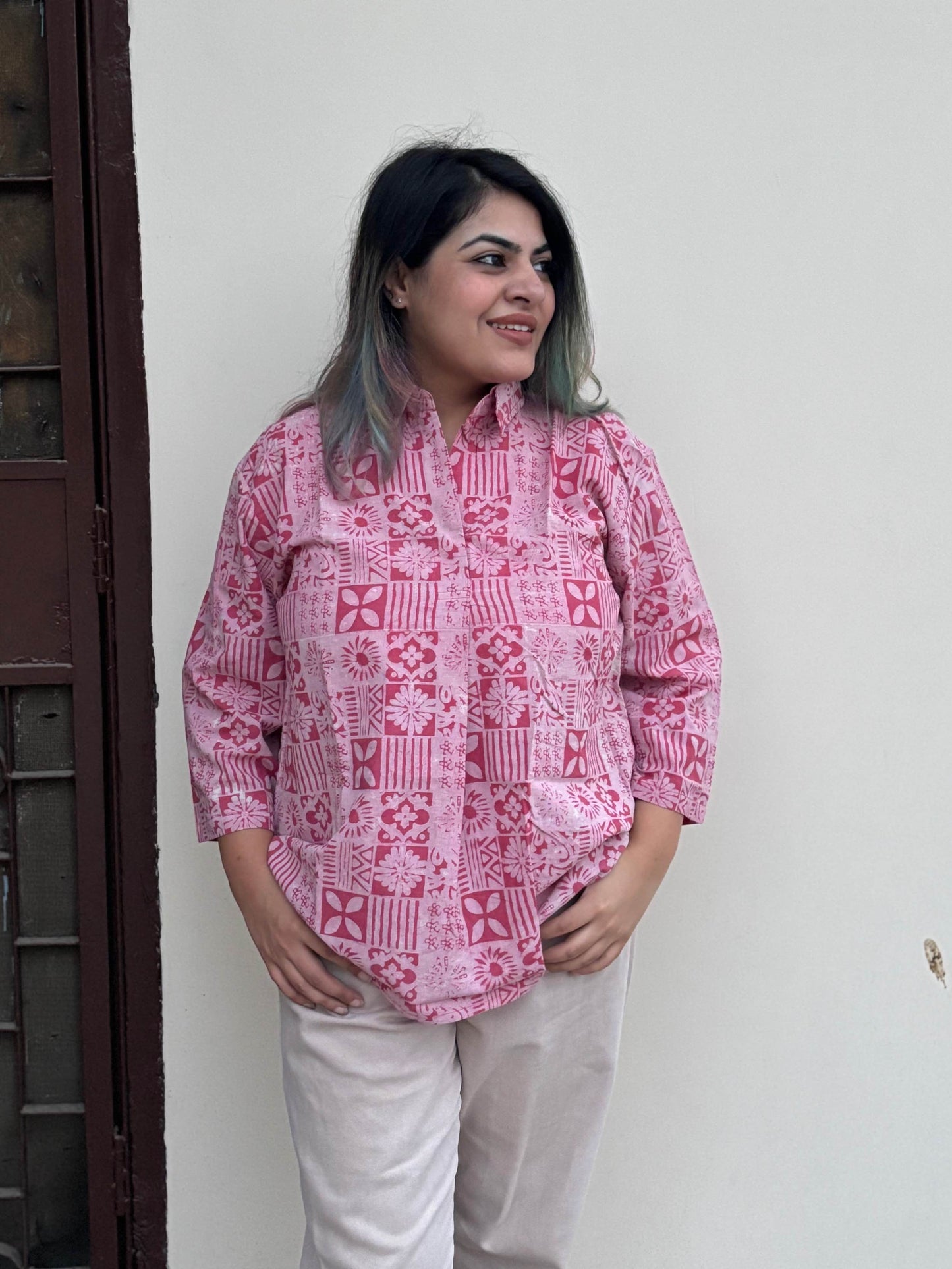 Pink Tiles A Line Relaxed Fit Collar Top