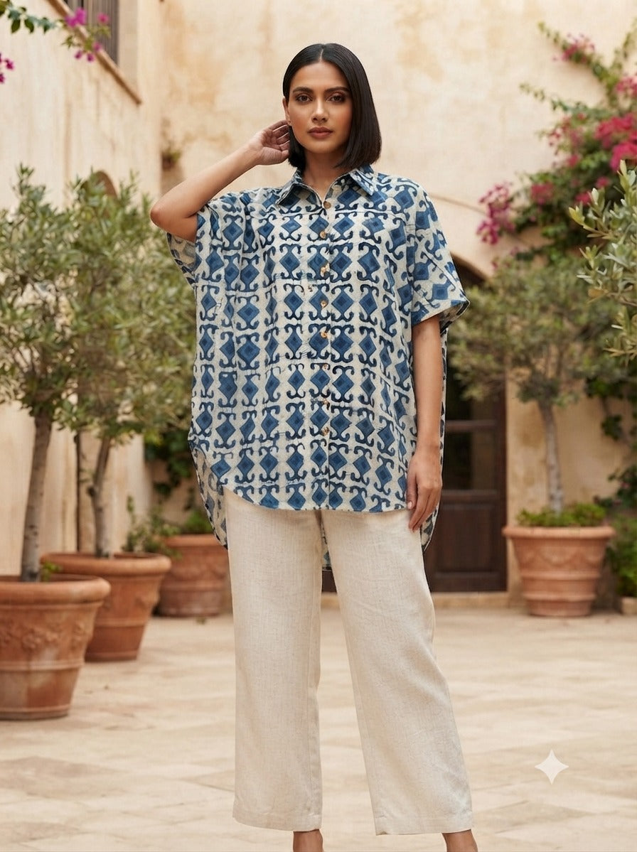 Indigo Diamond Cotton High Low Shirt Kaftan