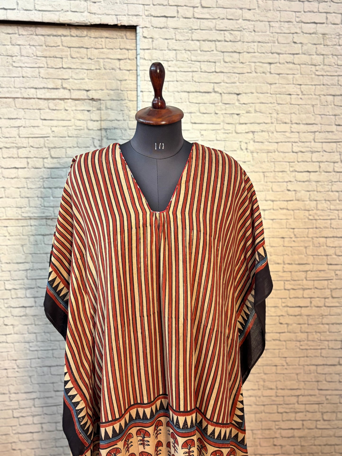 Red White Ajrakh Long Kaftan with Gather and Tassels