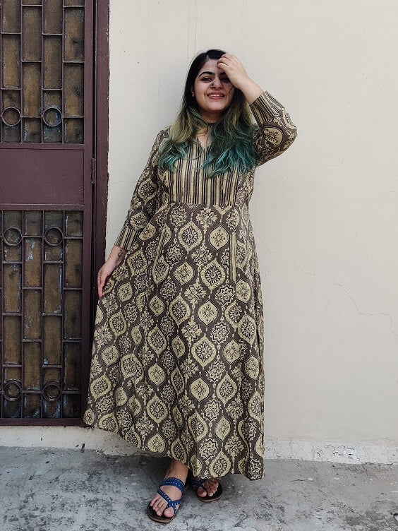 Aadrika Ajrakh A line Maxi Patch Dress