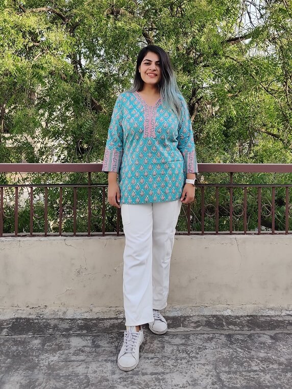 Green Pink Floral Hand Block Printed Short Kurti