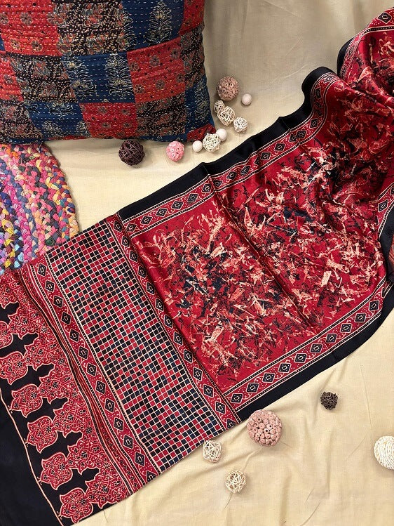 Red Abstract Ajrakh Hand Block Printed Mashru Silk Stole