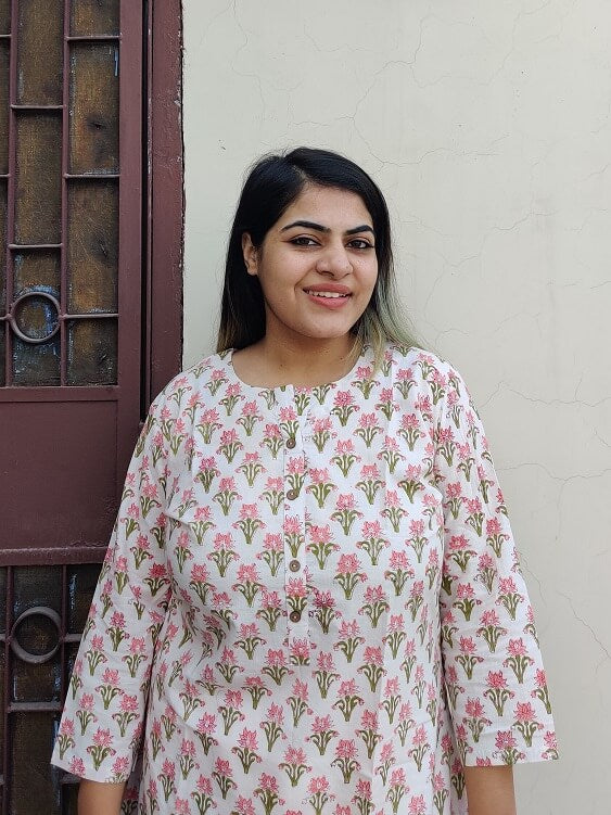 White Pink Hand Block Printed Short Kurti