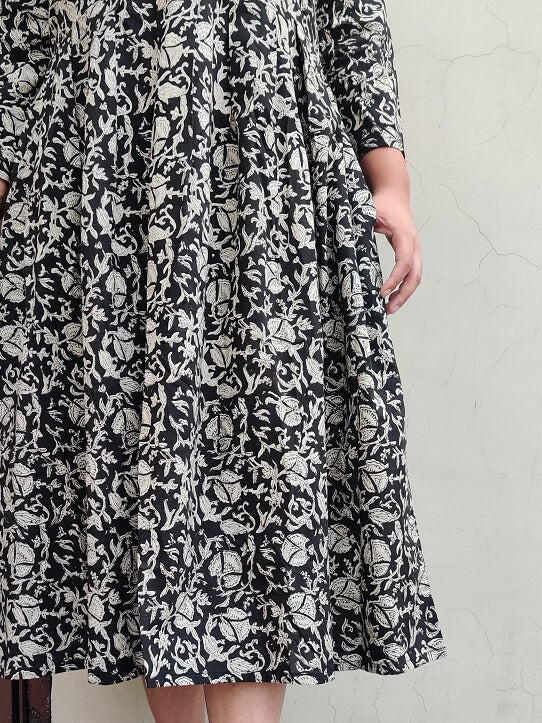 Black Kalamkari Hand Block Printed Midi Dress with Box Pleats