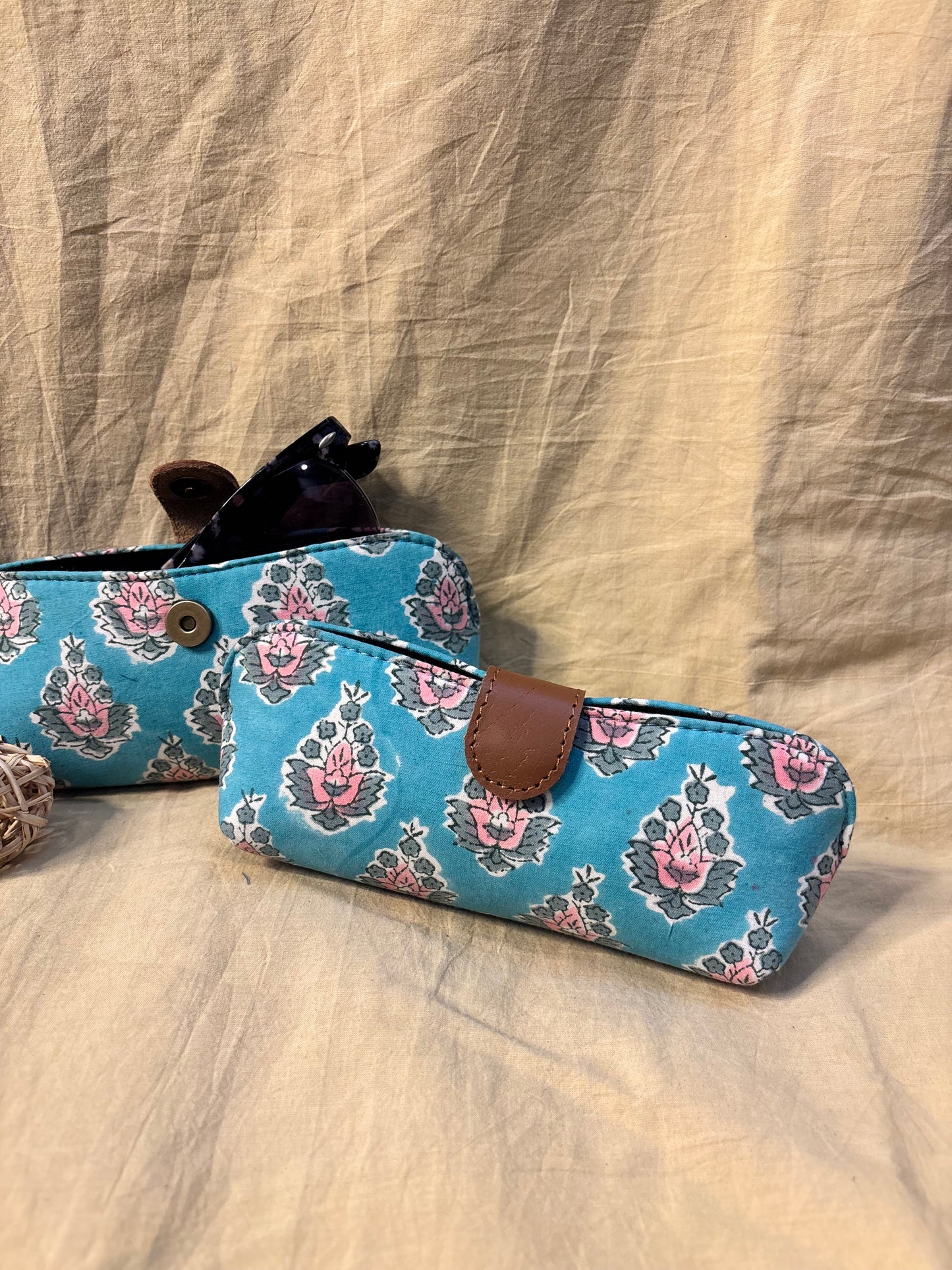 Green Pink Hand Block Print Eyewear Case