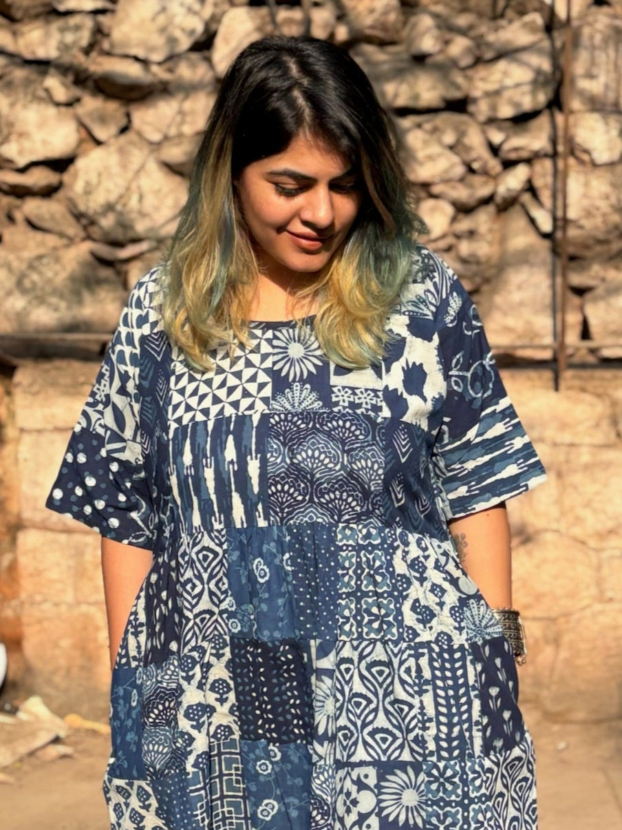 Indigo Patchwork Hand Block Printed Comfort Fit Knee Length Dress