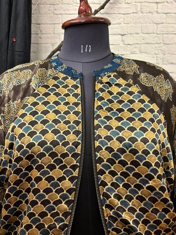 Black Olive Green Mashru Silk Ajrakh Unisex Bomber Jacket