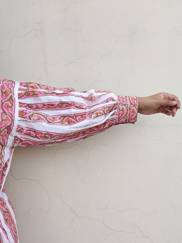 Cherry Hand Block Printed Comfort Fit Knee Length Shirt Dress with Side Belt