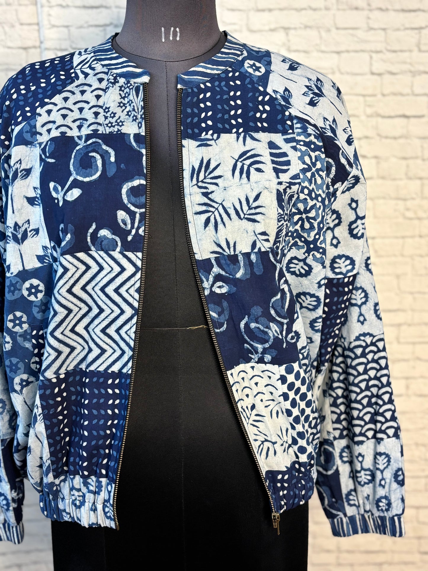 Indigo Dabu Block Printed Patch Work Unisex Bomber Jacket