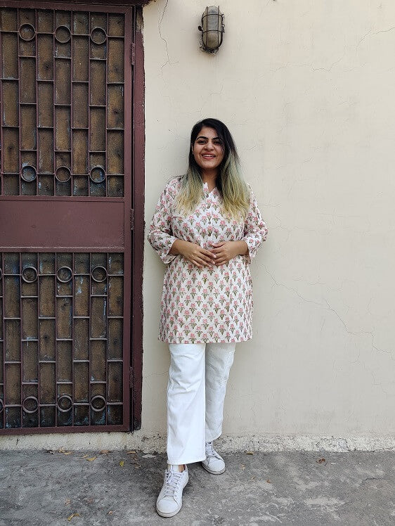 White Pink Hand Block Printed Short Kurti