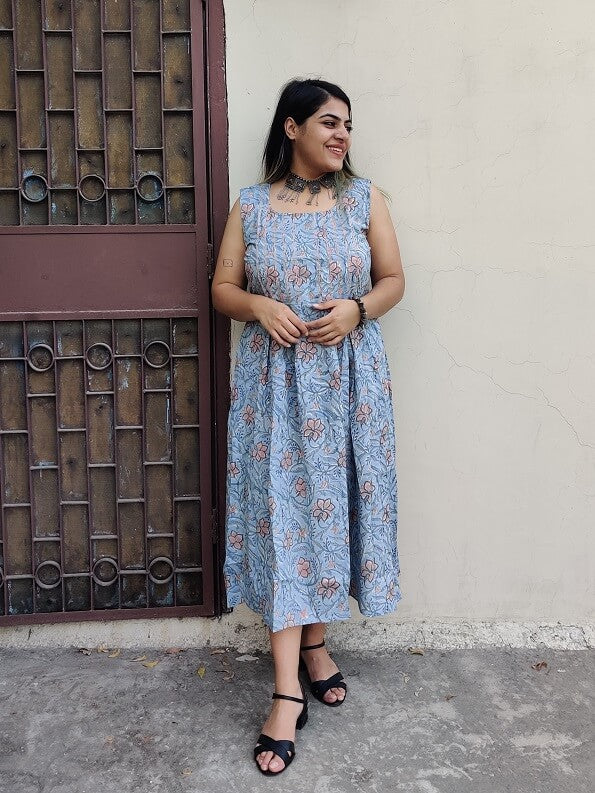 Tanika Hand Block Printed Sleeveless Dress with Box Pleats