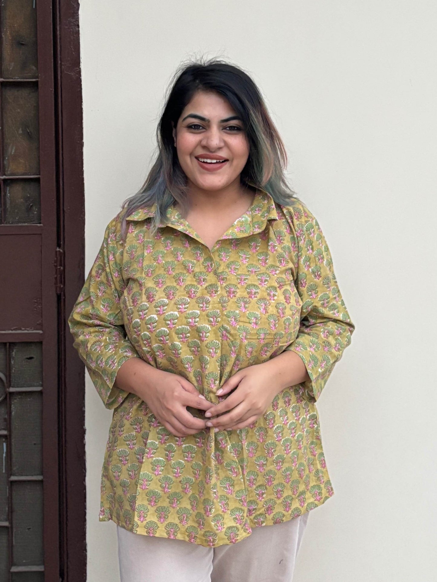 Green Pink Hand Block Printed A Line Relaxed Fit Collar Top