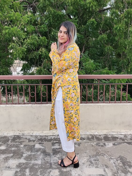 Yellow Floral Hand Block Printed Cotton Long Kurta