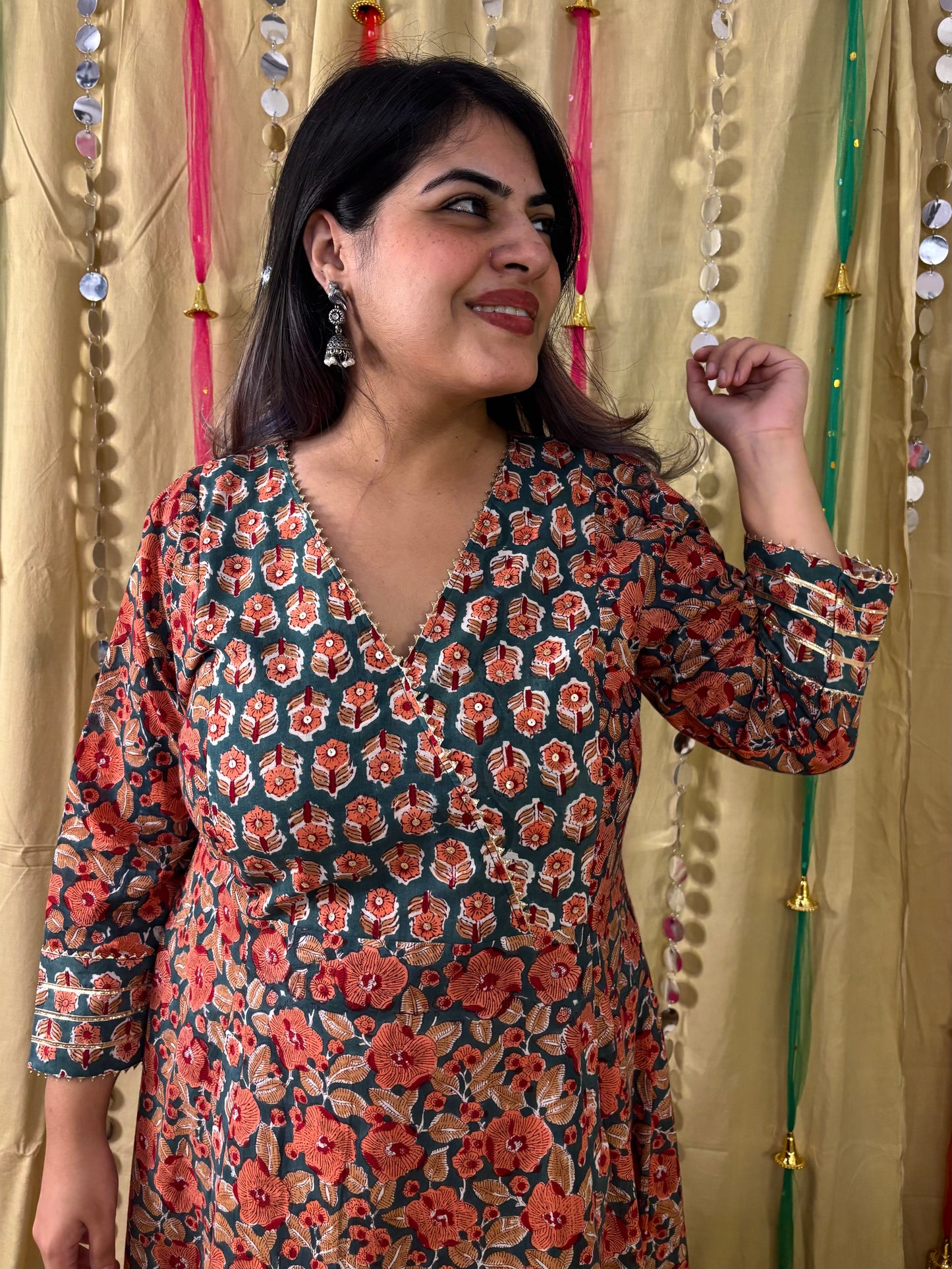 Naaz Hand Block Printed A Line Maxi Patch Dress with Hand Embroidery