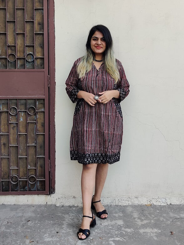 Cola Ajrakh Hand Block Printed Patch Shift Dress