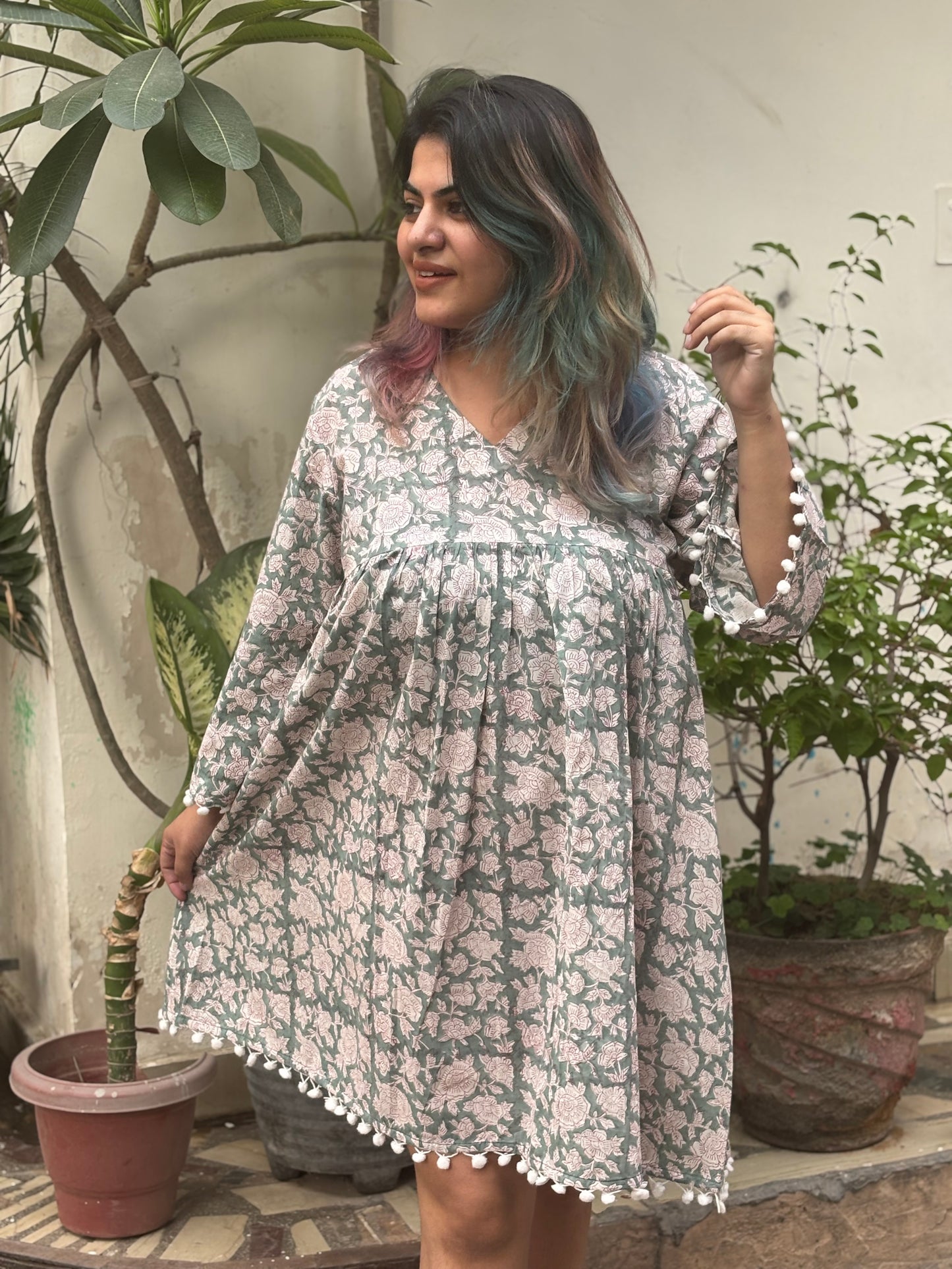 Ira Hand Block Printed Comfort Fit Flared Dress with Pompoms