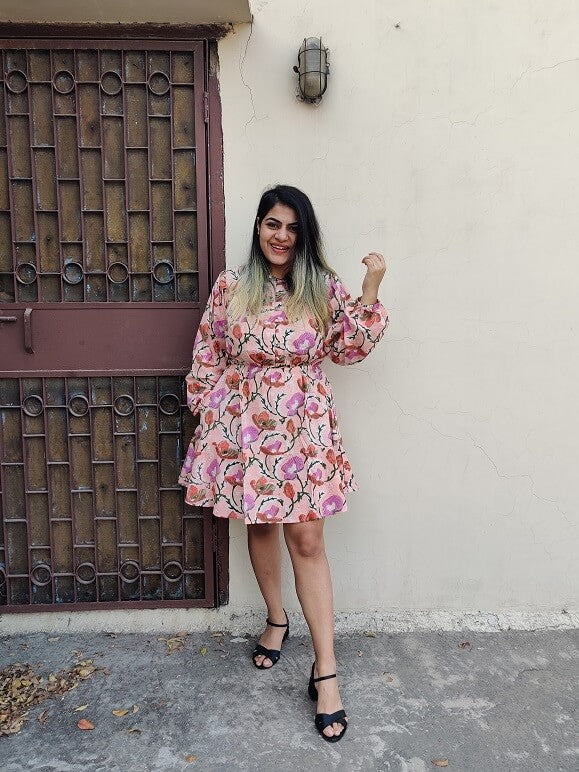 Gulaab Hand Block Printed Short Dress with Flared Hem