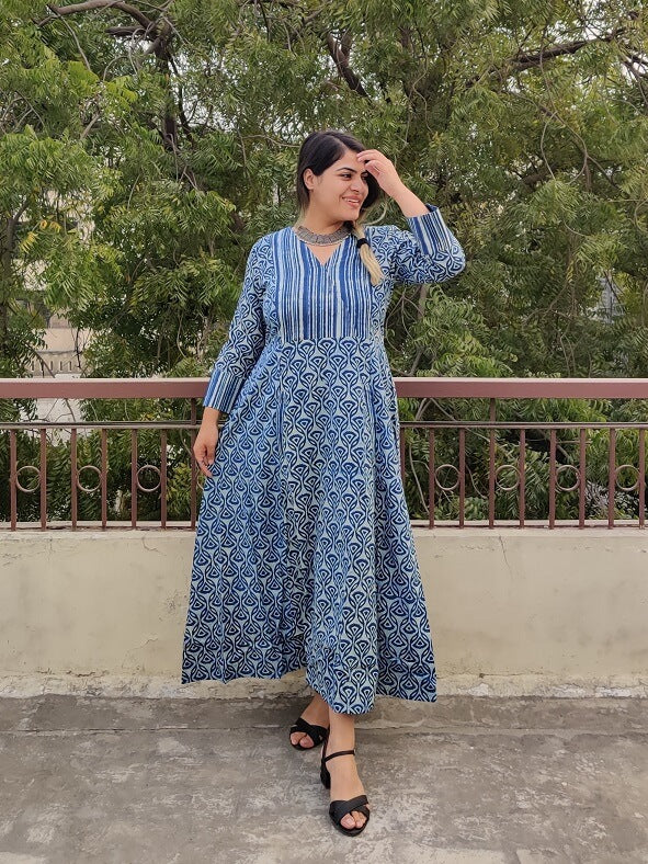 Fiza Hand Block Printed A Line Maxi Patch Dress